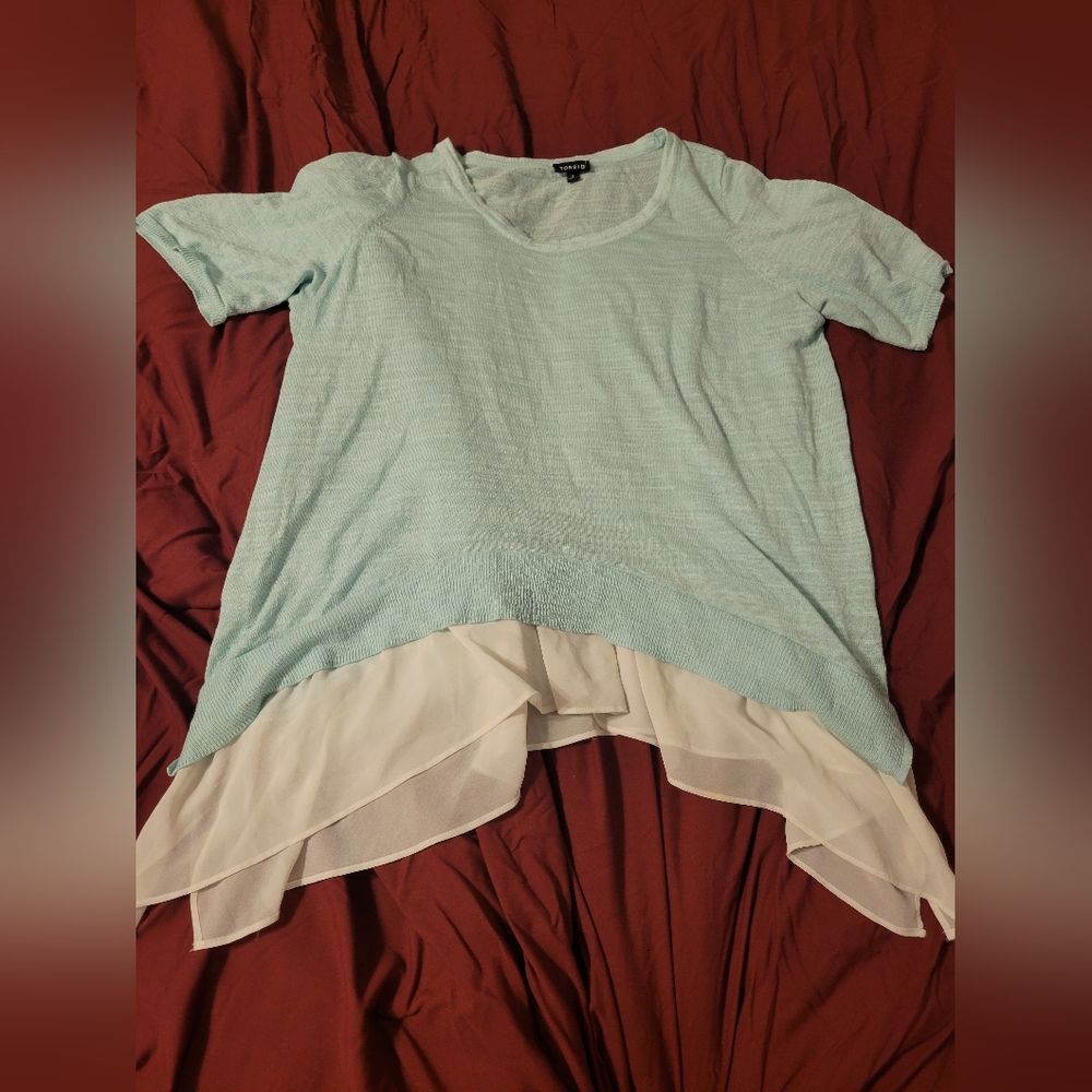 Torrid Sharkbite Layered Sweater Teal And  White Womans Size 2 FLAWED